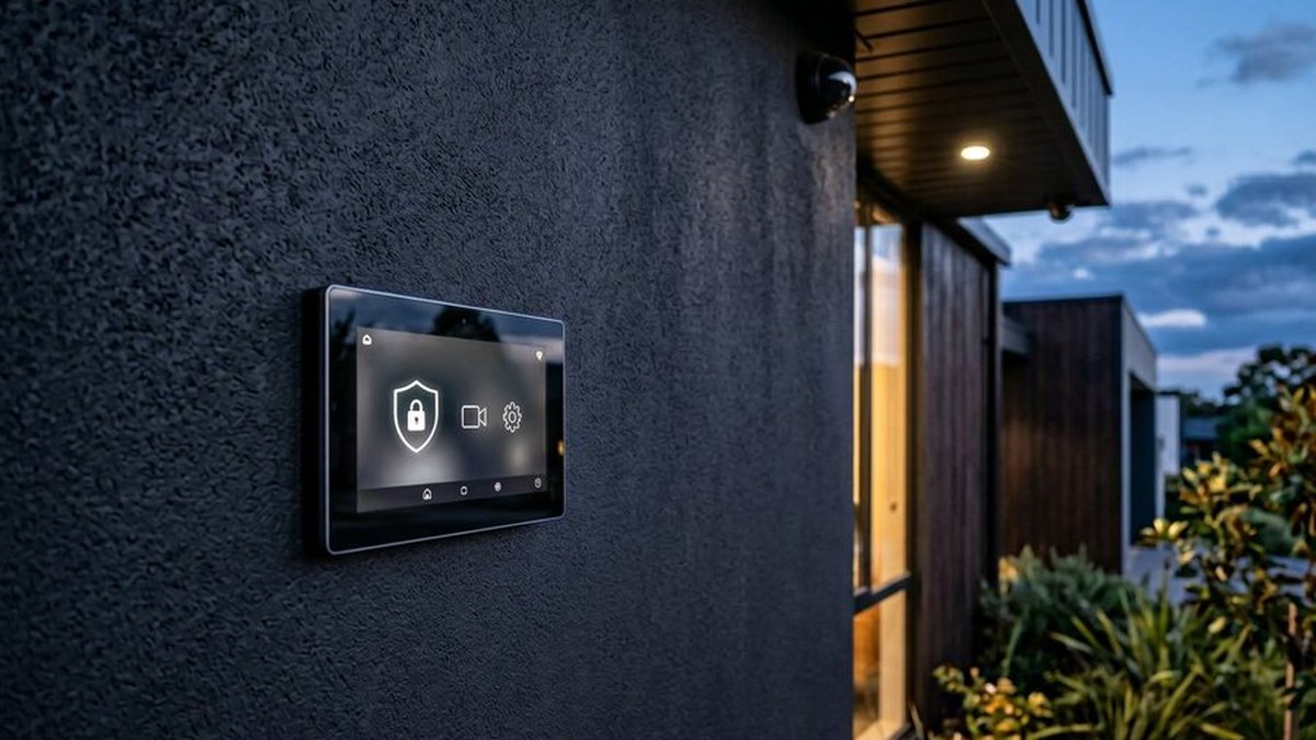 Video doorbell and smart lock fitted to a wooden front door