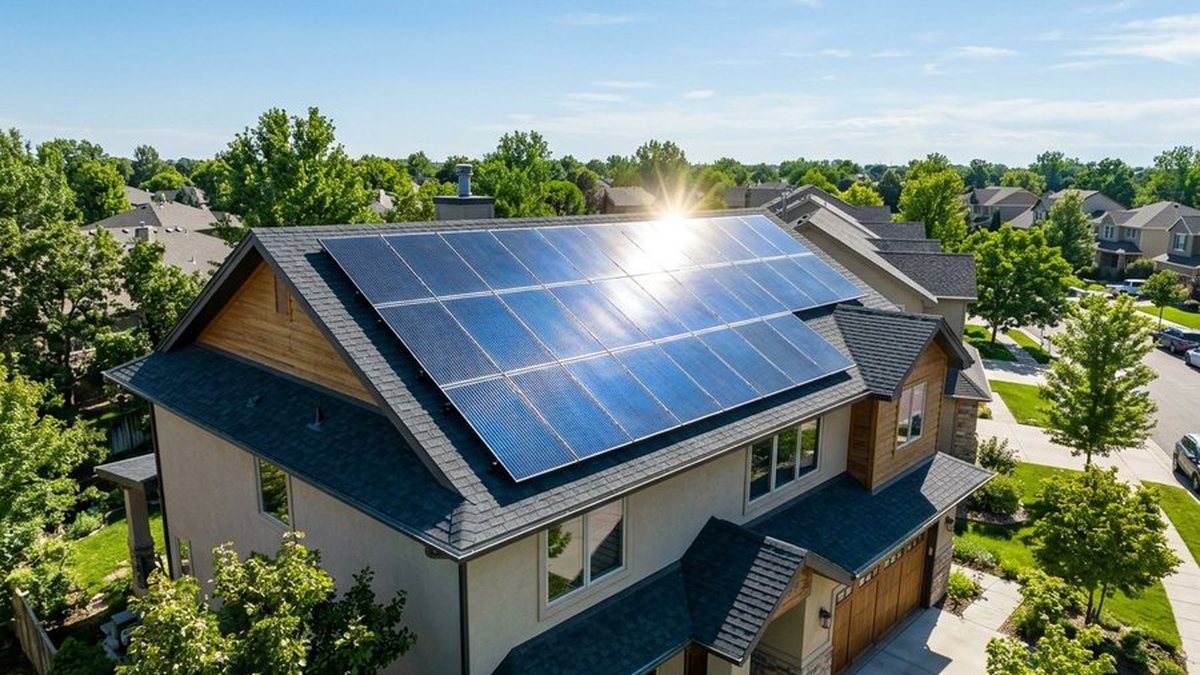 Technician fitting a solar panel mounting bracket on a residential roof