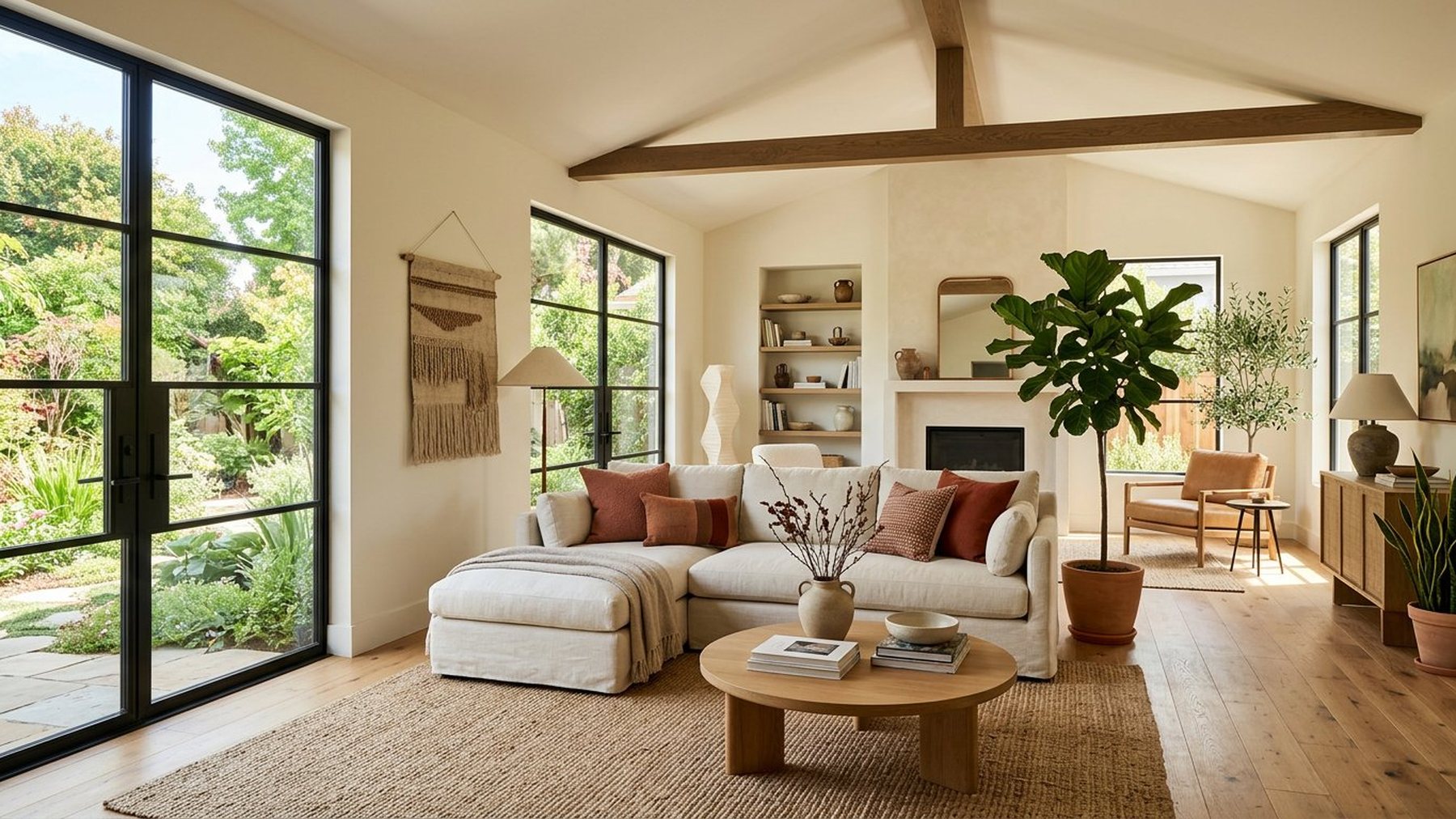 Sunlit renovated living room with oak flooring, soft seating and garden doors