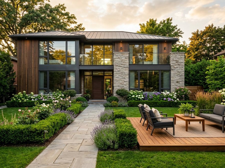 Renovated home exterior with a landscaped garden and outdoor seating