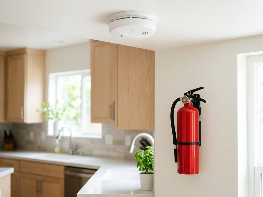 Smoke alarm on a ceiling beside a neatly mounted fire extinguisher