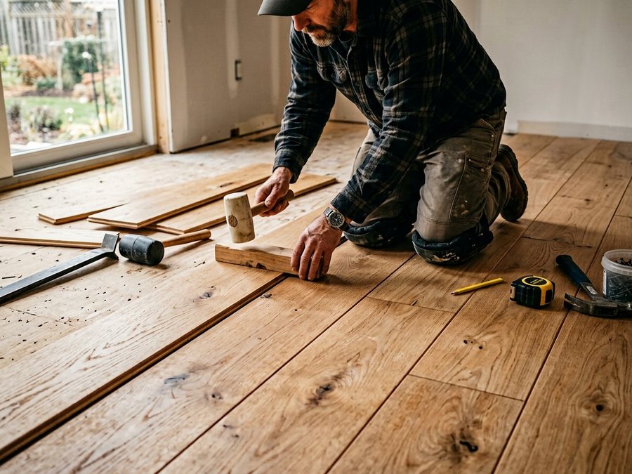 Craftsman installing wide plank timber flooring with hand tools