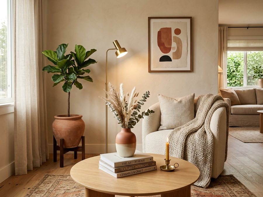 Styled living space with warm textures, artwork and layered lighting
