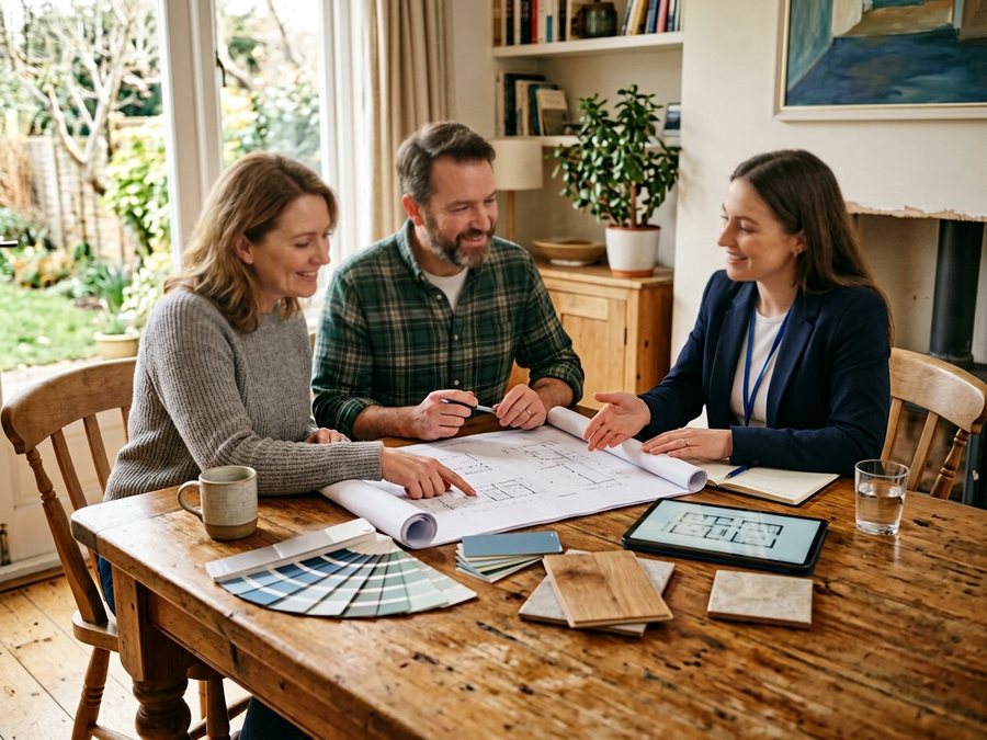 Homeowners reviewing renovation paperwork, samples and a tablet at a table