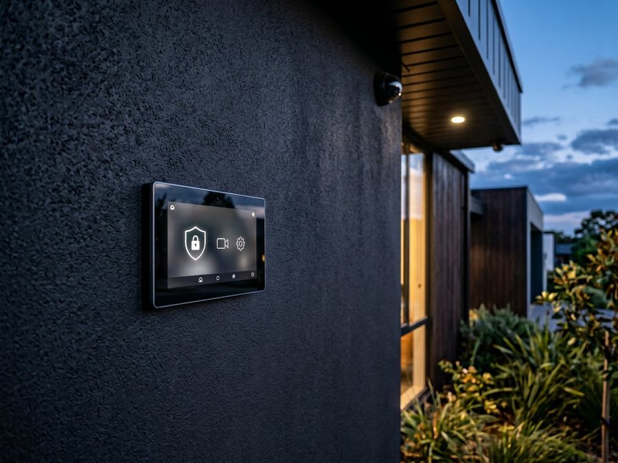 Wall mounted smart security panel with an outdoor camera nearby