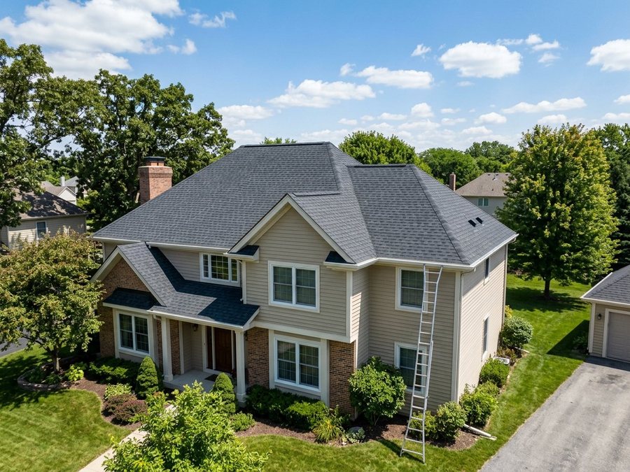 New architectural shingle roof on a residential home under a blue sky