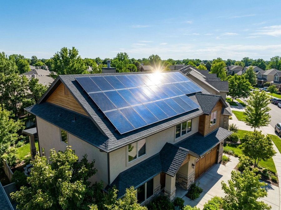 Solar panels installed across a residential rooftop in bright sunlight