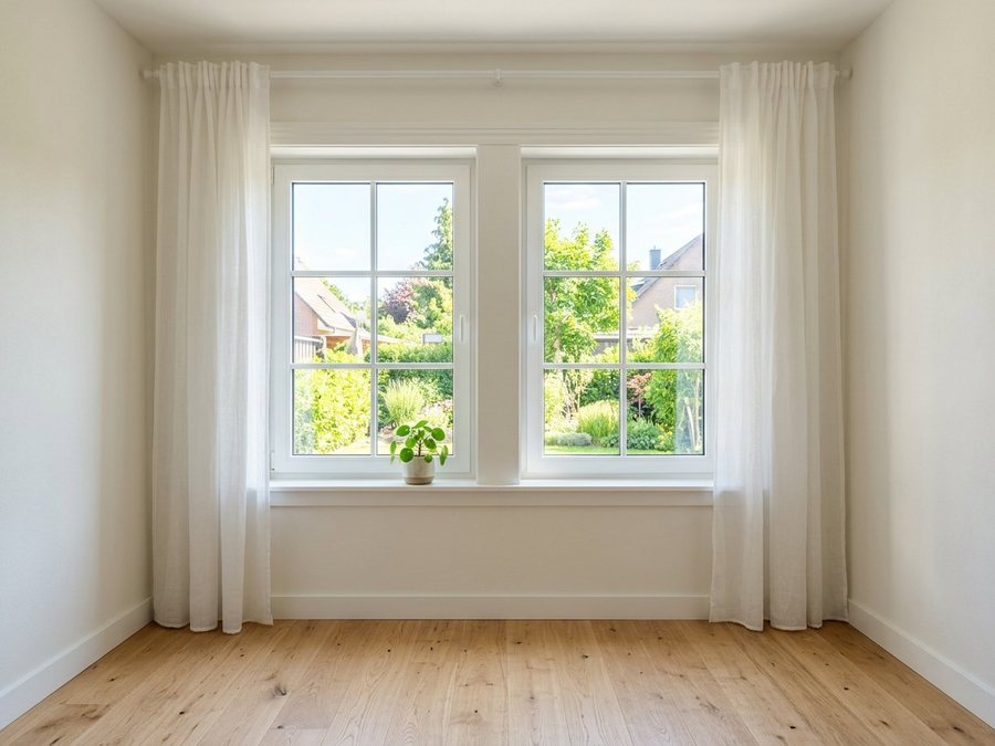 New white framed windows in a freshly renovated room with daylight streaming in
